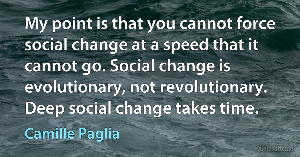 My point is that you cannot force social change at a speed that it cannot go. Social change is evolutionary, not revolutionary. Deep social change takes time. (Camille Paglia)