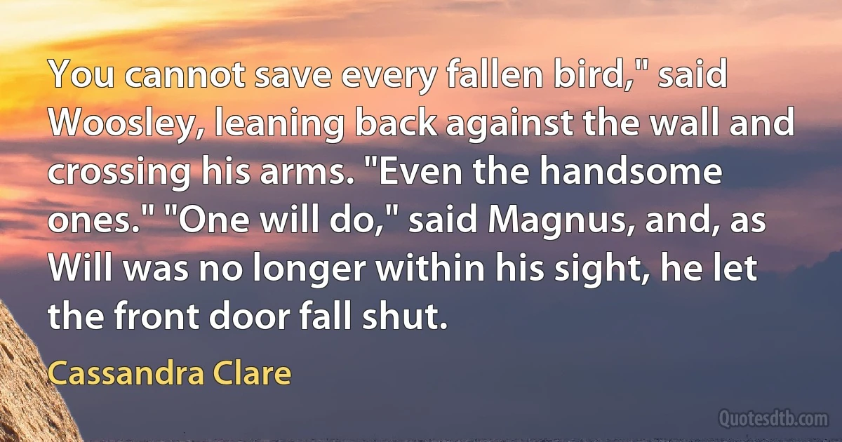 You cannot save every fallen bird," said Woosley, leaning back against the wall and crossing his arms. "Even the handsome ones." "One will do," said Magnus, and, as Will was no longer within his sight, he let the front door fall shut. (Cassandra Clare)