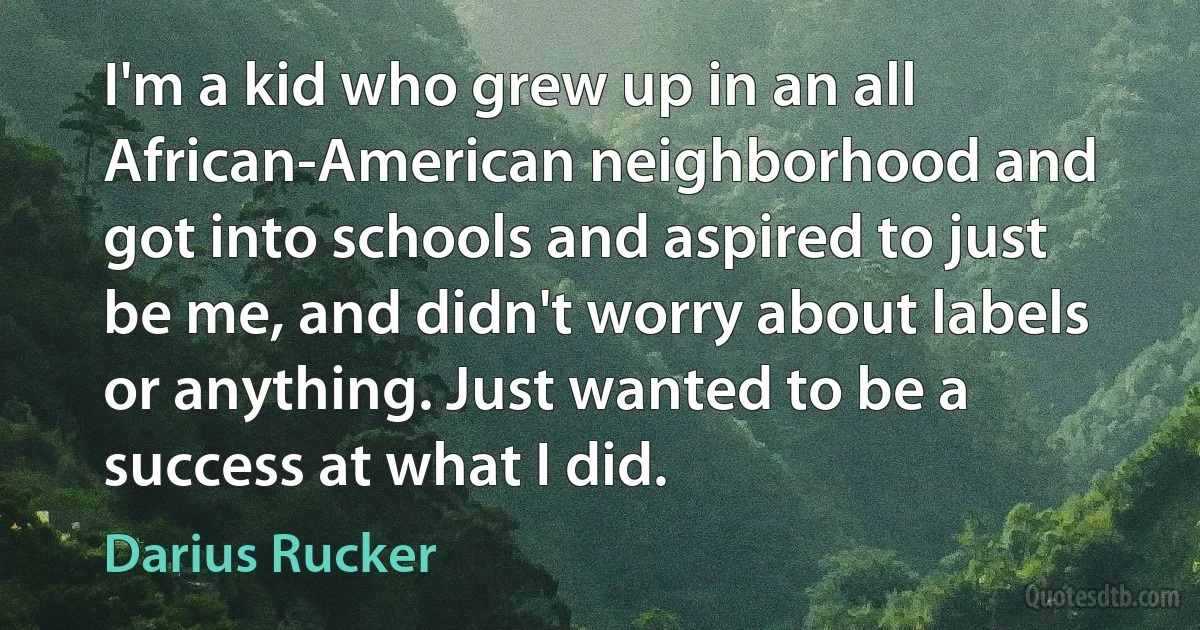 I'm a kid who grew up in an all African-American neighborhood and got into schools and aspired to just be me, and didn't worry about labels or anything. Just wanted to be a success at what I did. (Darius Rucker)