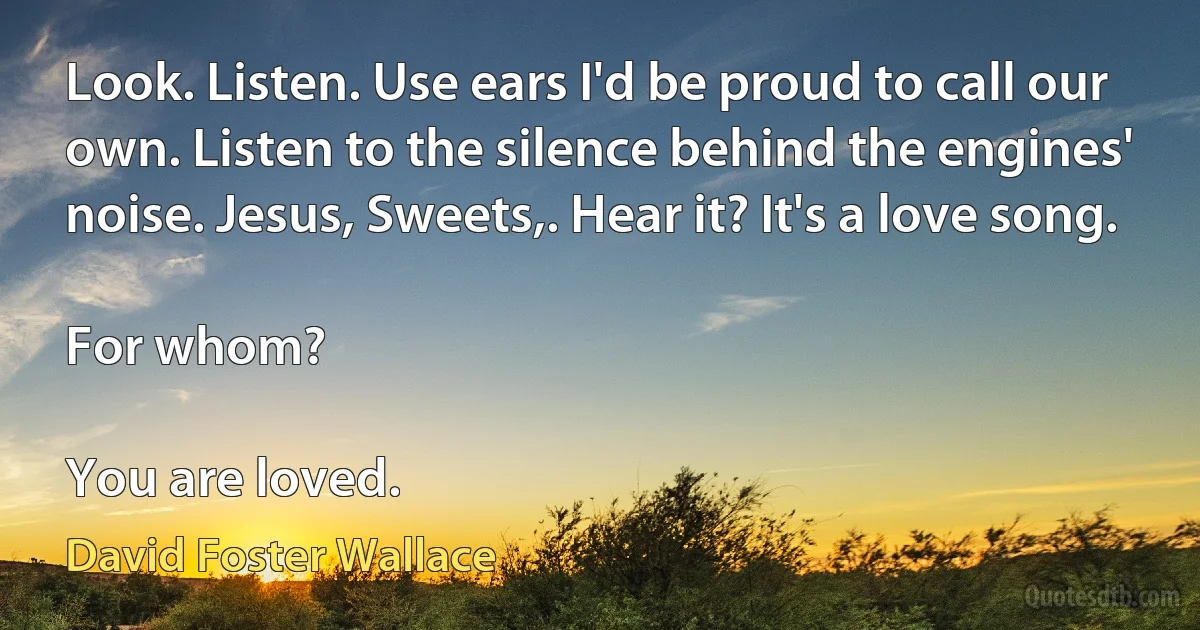 Look. Listen. Use ears I'd be proud to call our own. Listen to the silence behind the engines' noise. Jesus, Sweets,. Hear it? It's a love song.

For whom?

You are loved. (David Foster Wallace)