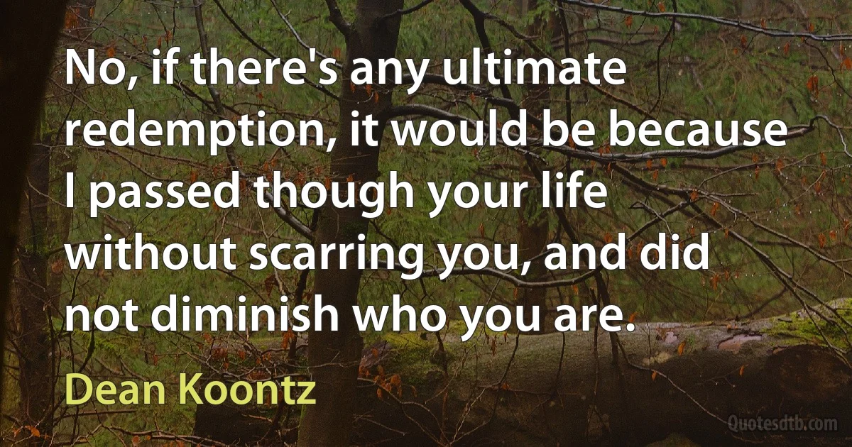 No, if there's any ultimate redemption, it would be because I passed though your life without scarring you, and did not diminish who you are. (Dean Koontz)