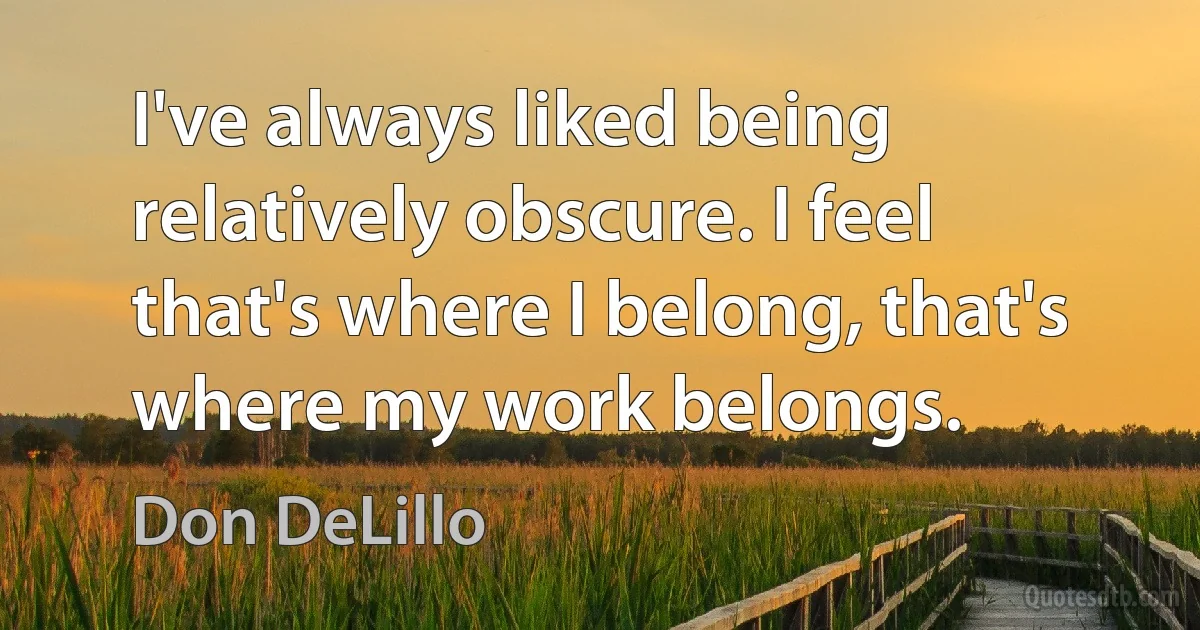 I've always liked being relatively obscure. I feel that's where I belong, that's where my work belongs. (Don DeLillo)