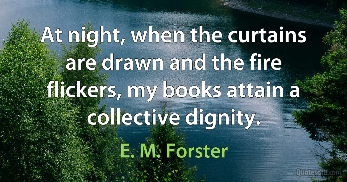 At night, when the curtains are drawn and the fire flickers, my books attain a collective dignity. (E. M. Forster)