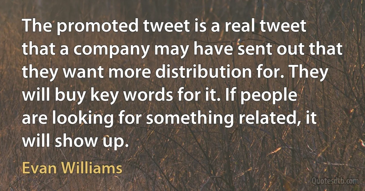 The promoted tweet is a real tweet that a company may have sent out that they want more distribution for. They will buy key words for it. If people are looking for something related, it will show up. (Evan Williams)