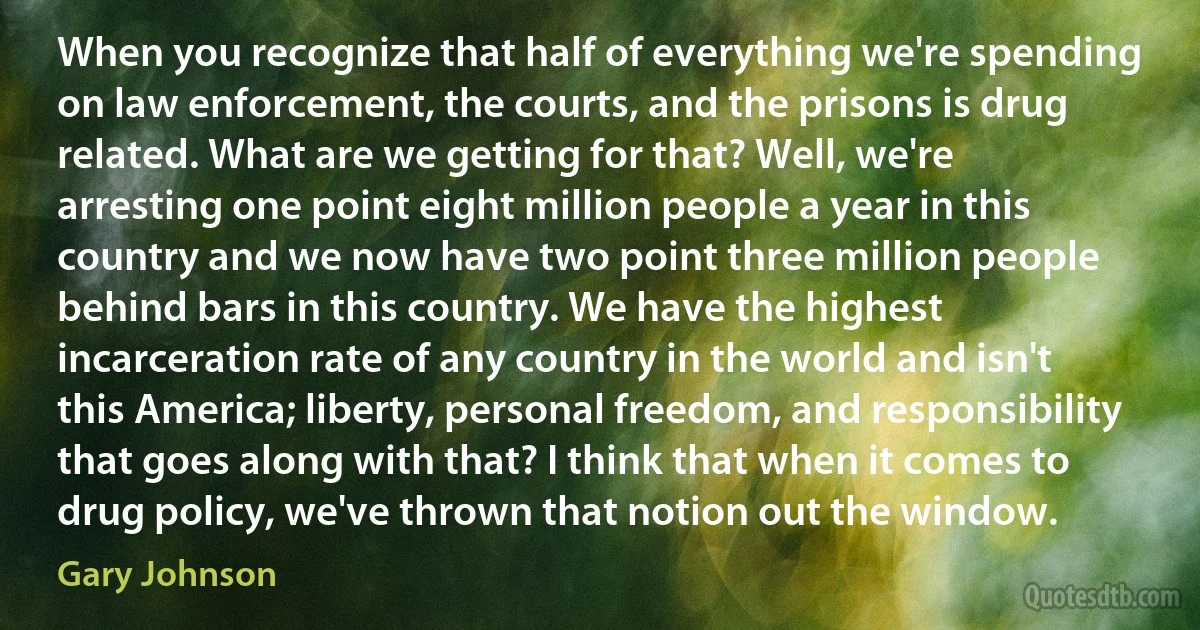 When you recognize that half of everything we're spending on law enforcement, the courts, and the prisons is drug related. What are we getting for that? Well, we're arresting one point eight million people a year in this country and we now have two point three million people behind bars in this country. We have the highest incarceration rate of any country in the world and isn't this America; liberty, personal freedom, and responsibility that goes along with that? I think that when it comes to drug policy, we've thrown that notion out the window. (Gary Johnson)