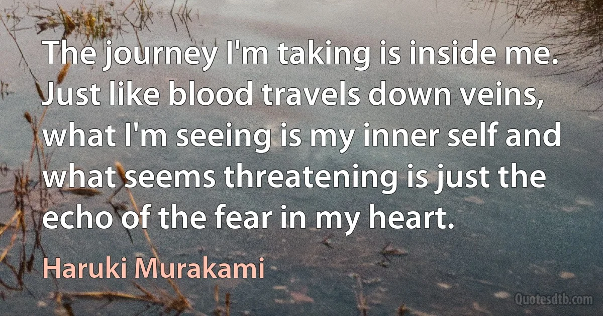 The journey I'm taking is inside me. Just like blood travels down veins, what I'm seeing is my inner self and what seems threatening is just the echo of the fear in my heart. (Haruki Murakami)