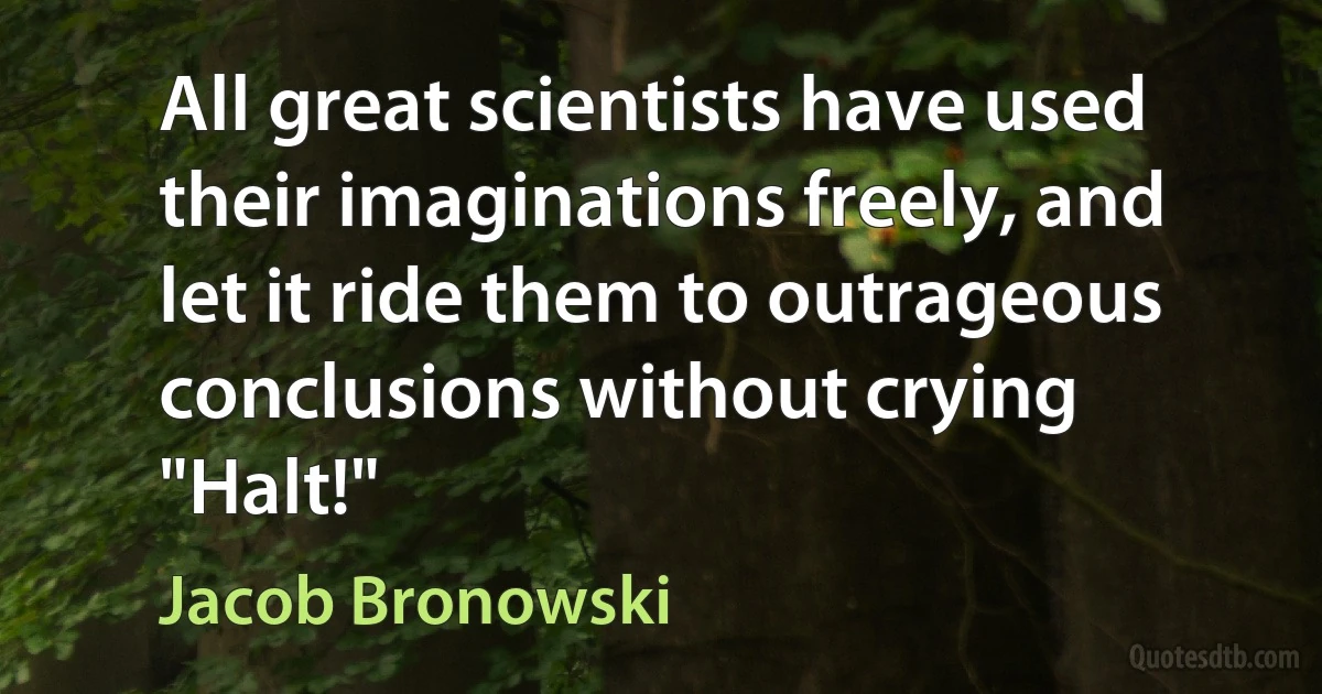 All great scientists have used their imaginations freely, and let it ride them to outrageous conclusions without crying "Halt!" (Jacob Bronowski)