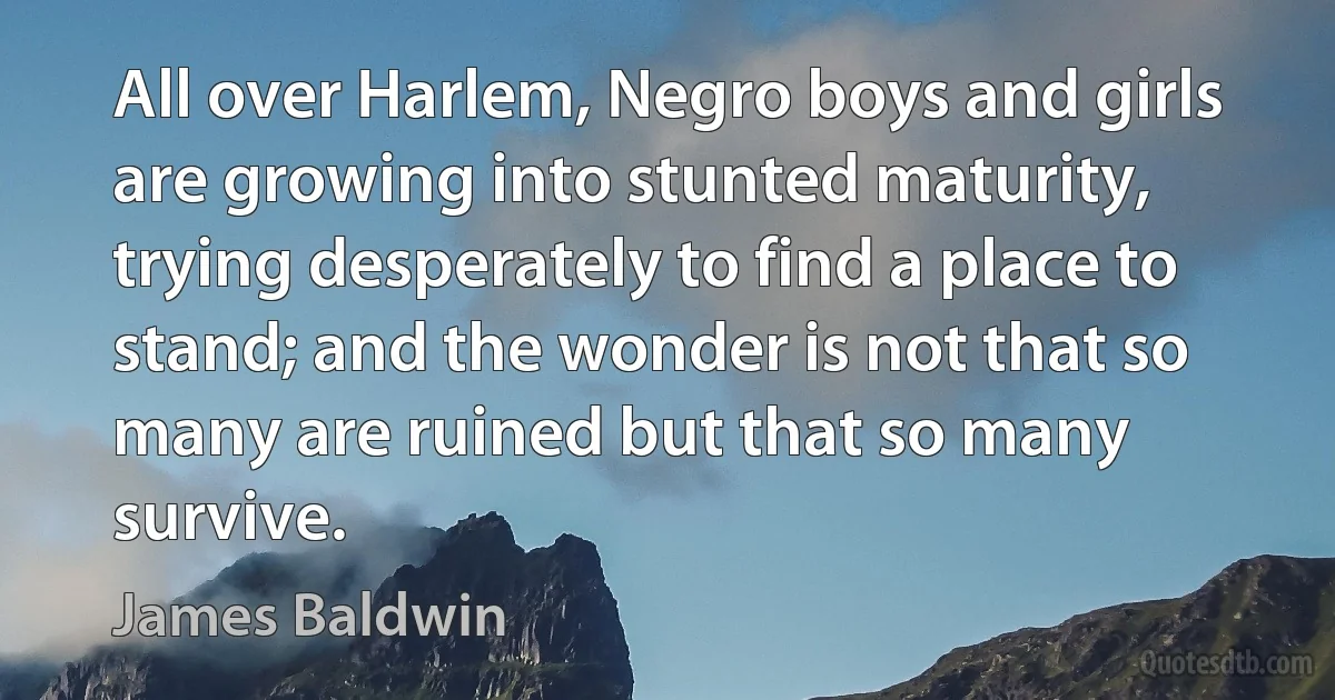 All over Harlem, Negro boys and girls are growing into stunted maturity, trying desperately to find a place to stand; and the wonder is not that so many are ruined but that so many survive. (James Baldwin)