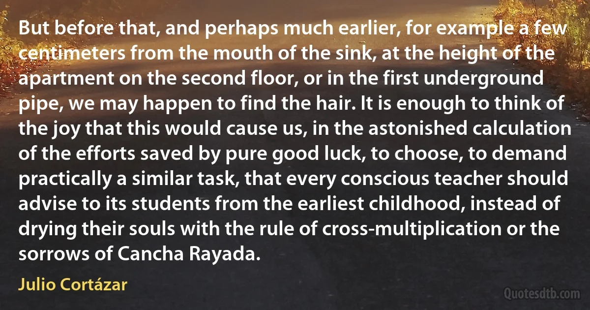 But before that, and perhaps much earlier, for example a few centimeters from the mouth of the sink, at the height of the apartment on the second floor, or in the first underground pipe, we may happen to find the hair. It is enough to think of the joy that this would cause us, in the astonished calculation of the efforts saved by pure good luck, to choose, to demand practically a similar task, that every conscious teacher should advise to its students from the earliest childhood, instead of drying their souls with the rule of cross-multiplication or the sorrows of Cancha Rayada. (Julio Cortázar)