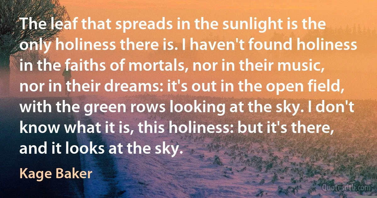 The leaf that spreads in the sunlight is the only holiness there is. I haven't found holiness in the faiths of mortals, nor in their music, nor in their dreams: it's out in the open field, with the green rows looking at the sky. I don't know what it is, this holiness: but it's there, and it looks at the sky. (Kage Baker)