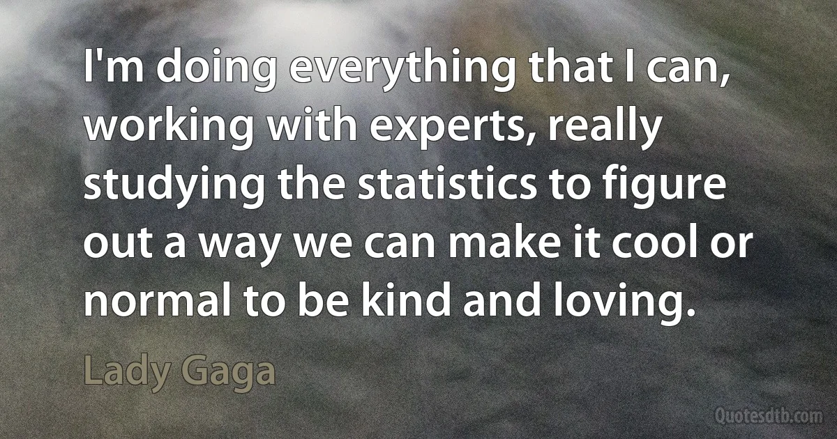 I'm doing everything that I can, working with experts, really studying the statistics to figure out a way we can make it cool or normal to be kind and loving. (Lady Gaga)