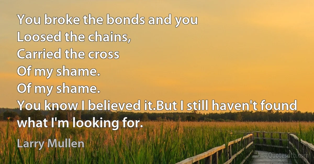 You broke the bonds and you
Loosed the chains,
Carried the cross
Of my shame.
Of my shame.
You know I believed it.But I still haven't found what I'm looking for. (Larry Mullen)