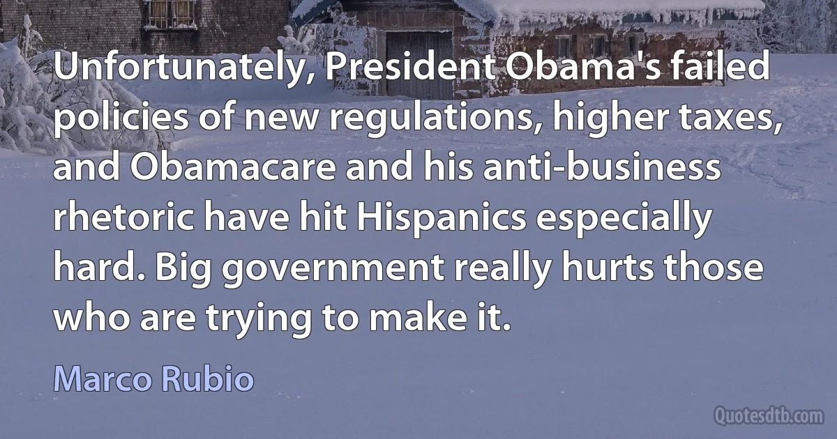 Unfortunately, President Obama's failed policies of new regulations, higher taxes, and Obamacare and his anti-business rhetoric have hit Hispanics especially hard. Big government really hurts those who are trying to make it. (Marco Rubio)