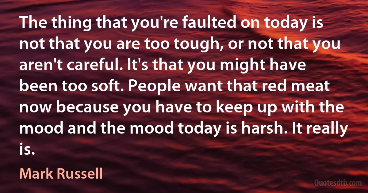 The thing that you're faulted on today is not that you are too tough, or not that you aren't careful. It's that you might have been too soft. People want that red meat now because you have to keep up with the mood and the mood today is harsh. It really is. (Mark Russell)