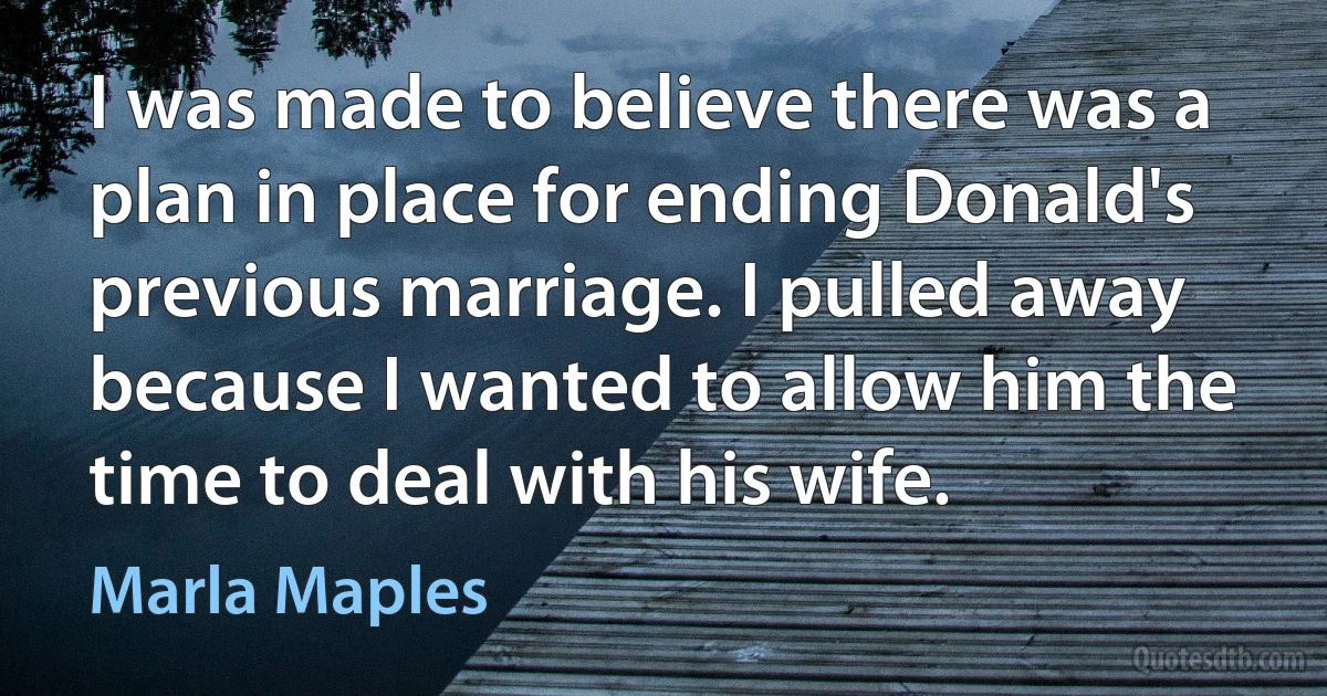 I was made to believe there was a plan in place for ending Donald's previous marriage. I pulled away because I wanted to allow him the time to deal with his wife. (Marla Maples)