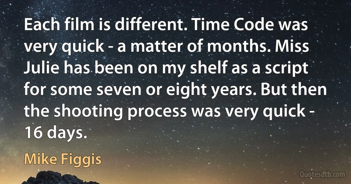 Each film is different. Time Code was very quick - a matter of months. Miss Julie has been on my shelf as a script for some seven or eight years. But then the shooting process was very quick - 16 days. (Mike Figgis)