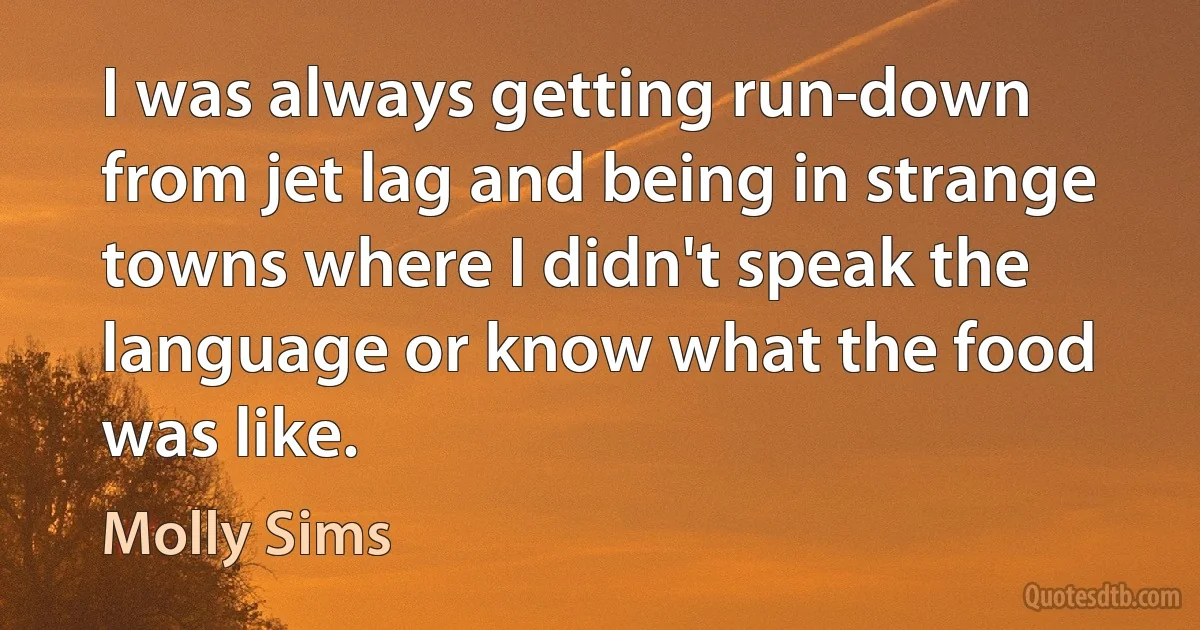 I was always getting run-down from jet lag and being in strange towns where I didn't speak the language or know what the food was like. (Molly Sims)