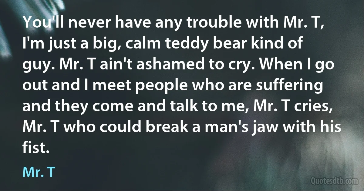 You'll never have any trouble with Mr. T, I'm just a big, calm teddy bear kind of guy. Mr. T ain't ashamed to cry. When I go out and I meet people who are suffering and they come and talk to me, Mr. T cries, Mr. T who could break a man's jaw with his fist. (Mr. T)