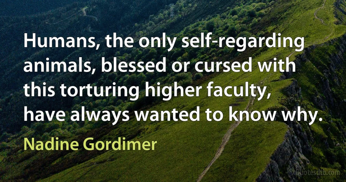 Humans, the only self-regarding animals, blessed or cursed with this torturing higher faculty, have always wanted to know why. (Nadine Gordimer)