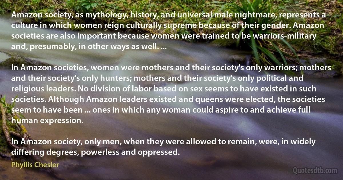 Amazon society, as mythology, history, and universal male nightmare, represents a culture in which women reign culturally supreme because of their gender. Amazon societies are also important because women were trained to be warriors-military and, presumably, in other ways as well. ...

In Amazon societies, women were mothers and their society's only warriors; mothers and their society's only hunters; mothers and their society's only political and religious leaders. No division of labor based on sex seems to have existed in such societies. Although Amazon leaders existed and queens were elected, the societies seem to have been ... ones in which any woman could aspire to and achieve full human expression.

In Amazon society, only men, when they were allowed to remain, were, in widely differing degrees, powerless and oppressed. (Phyllis Chesler)