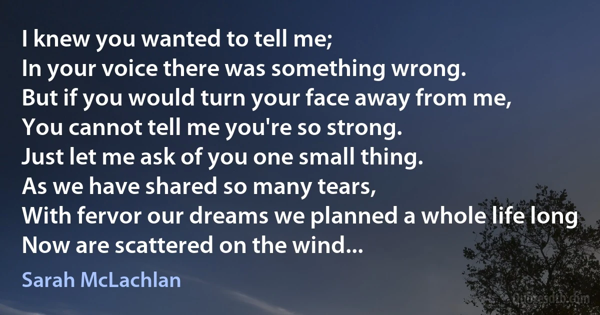 I knew you wanted to tell me;
In your voice there was something wrong.
But if you would turn your face away from me,
You cannot tell me you're so strong.
Just let me ask of you one small thing.
As we have shared so many tears,
With fervor our dreams we planned a whole life long
Now are scattered on the wind... (Sarah McLachlan)