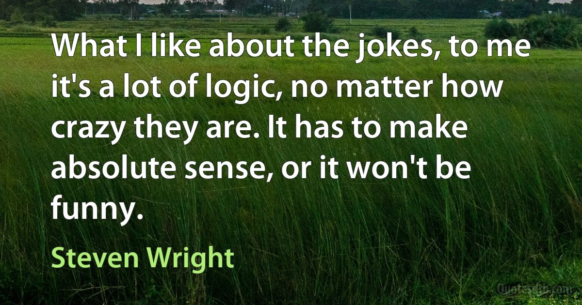 What I like about the jokes, to me it's a lot of logic, no matter how crazy they are. It has to make absolute sense, or it won't be funny. (Steven Wright)