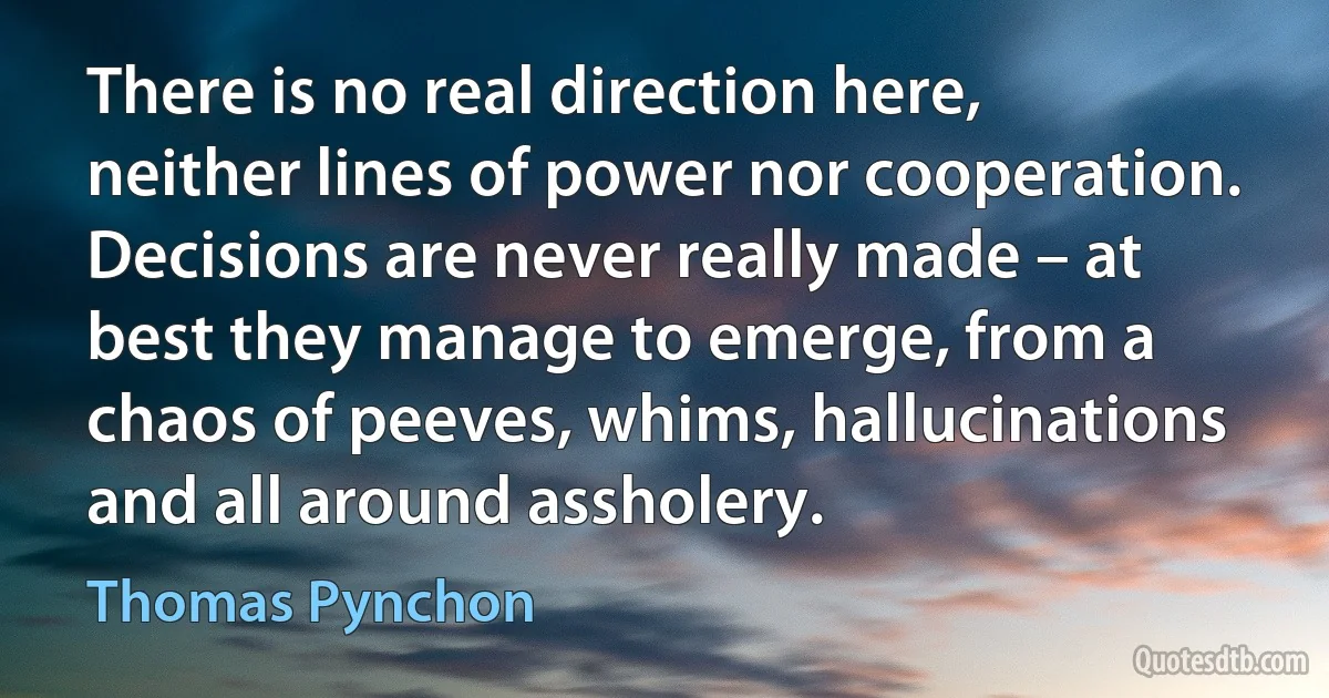 There is no real direction here, neither lines of power nor cooperation. Decisions are never really made – at best they manage to emerge, from a chaos of peeves, whims, hallucinations and all around assholery. (Thomas Pynchon)