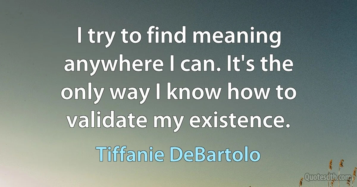 I try to find meaning anywhere I can. It's the only way I know how to validate my existence. (Tiffanie DeBartolo)