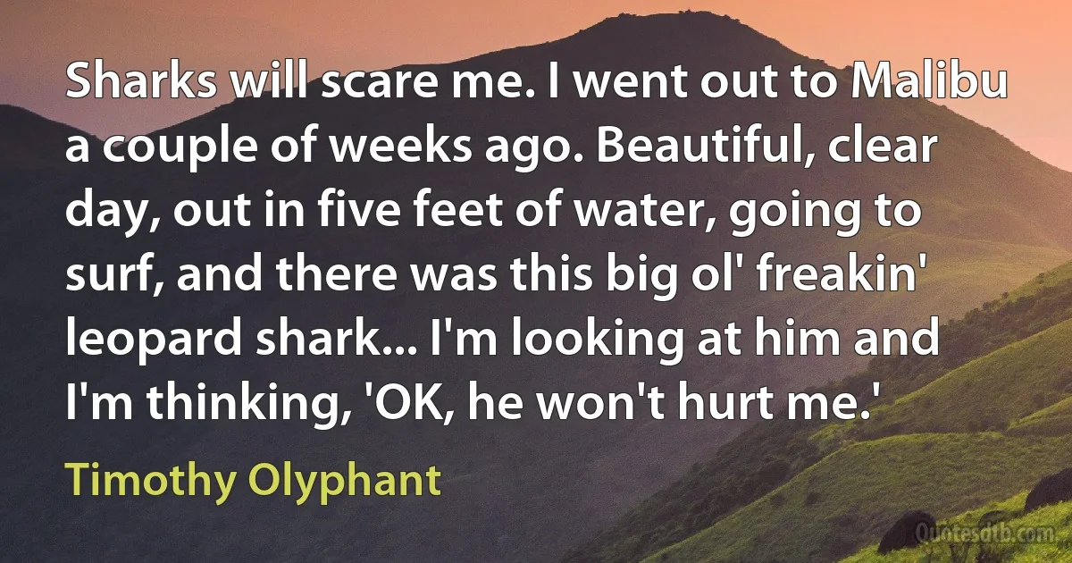 Sharks will scare me. I went out to Malibu a couple of weeks ago. Beautiful, clear day, out in five feet of water, going to surf, and there was this big ol' freakin' leopard shark... I'm looking at him and I'm thinking, 'OK, he won't hurt me.' (Timothy Olyphant)