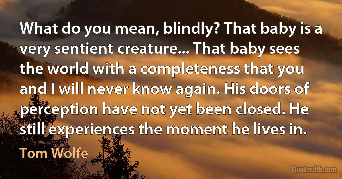 What do you mean, blindly? That baby is a very sentient creature... That baby sees the world with a completeness that you and I will never know again. His doors of perception have not yet been closed. He still experiences the moment he lives in. (Tom Wolfe)