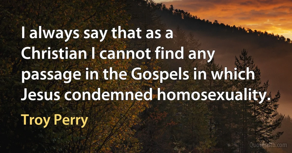 I always say that as a Christian I cannot find any passage in the Gospels in which Jesus condemned homosexuality. (Troy Perry)