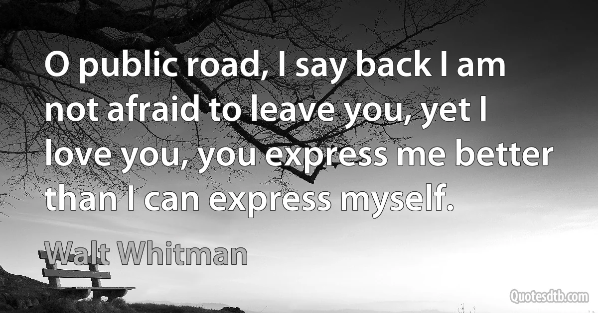 O public road, I say back I am not afraid to leave you, yet I love you, you express me better than I can express myself. (Walt Whitman)