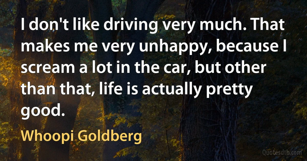 I don't like driving very much. That makes me very unhappy, because I scream a lot in the car, but other than that, life is actually pretty good. (Whoopi Goldberg)