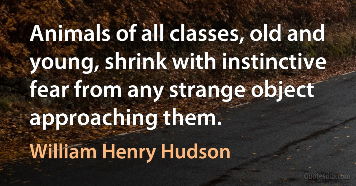 Animals of all classes, old and young, shrink with instinctive fear from any strange object approaching them. (William Henry Hudson)