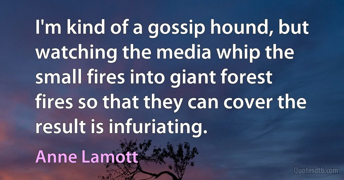 I'm kind of a gossip hound, but watching the media whip the small fires into giant forest fires so that they can cover the result is infuriating. (Anne Lamott)