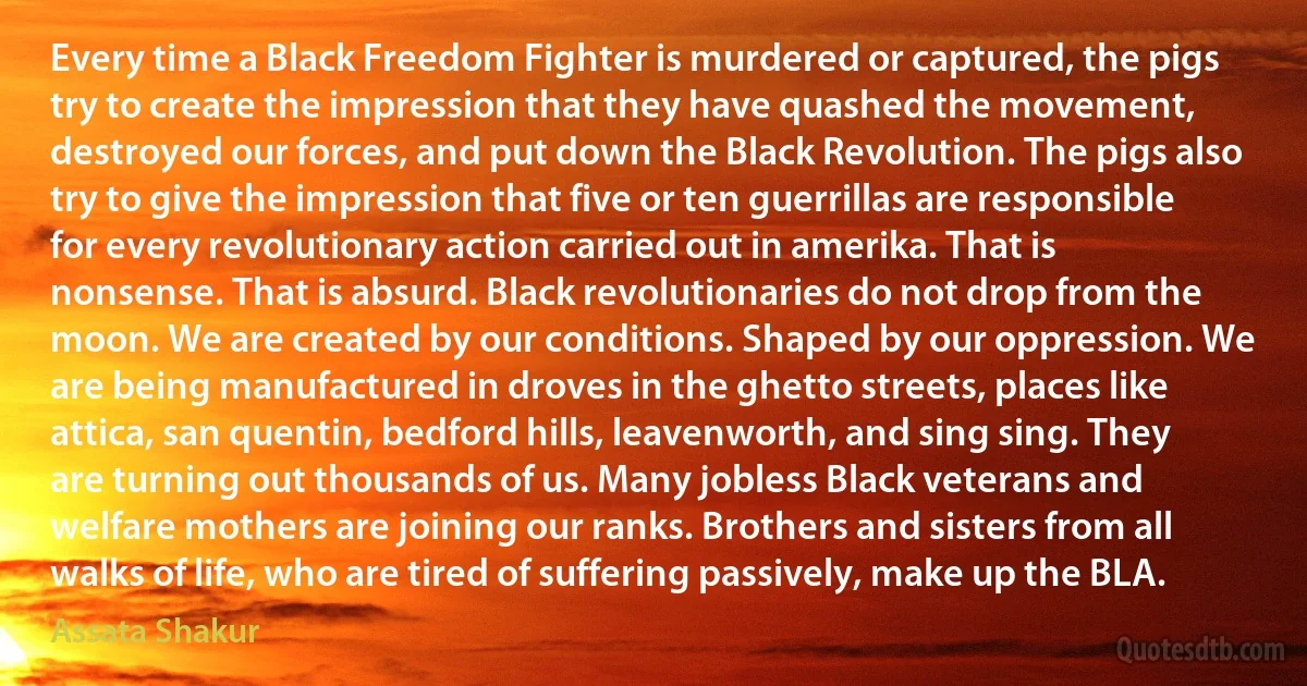 Every time a Black Freedom Fighter is murdered or captured, the pigs try to create the impression that they have quashed the movement, destroyed our forces, and put down the Black Revolution. The pigs also try to give the impression that five or ten guerrillas are responsible for every revolutionary action carried out in amerika. That is nonsense. That is absurd. Black revolutionaries do not drop from the moon. We are created by our conditions. Shaped by our oppression. We are being manufactured in droves in the ghetto streets, places like attica, san quentin, bedford hills, leavenworth, and sing sing. They are turning out thousands of us. Many jobless Black veterans and welfare mothers are joining our ranks. Brothers and sisters from all walks of life, who are tired of suffering passively, make up the BLA. (Assata Shakur)