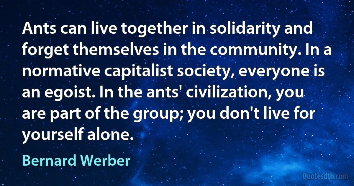 Ants can live together in solidarity and forget themselves in the community. In a normative capitalist society, everyone is an egoist. In the ants' civilization, you are part of the group; you don't live for yourself alone. (Bernard Werber)