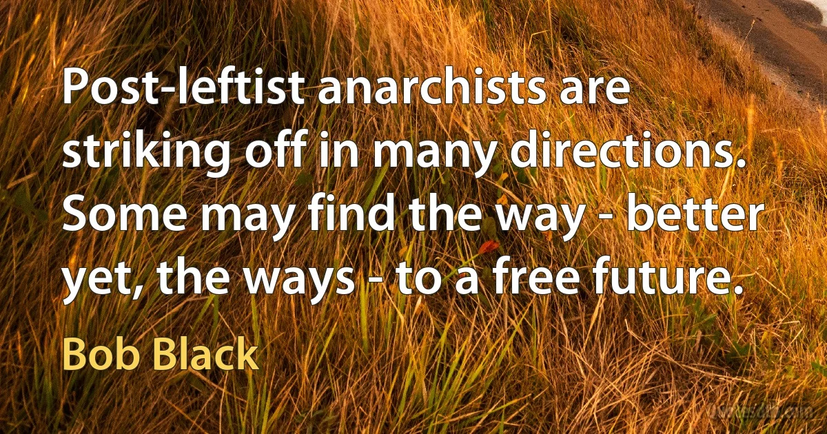 Post-leftist anarchists are striking off in many directions. Some may find the way - better yet, the ways - to a free future. (Bob Black)