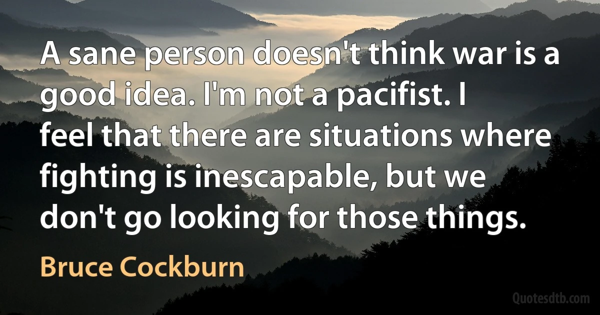 A sane person doesn't think war is a good idea. I'm not a pacifist. I feel that there are situations where fighting is inescapable, but we don't go looking for those things. (Bruce Cockburn)