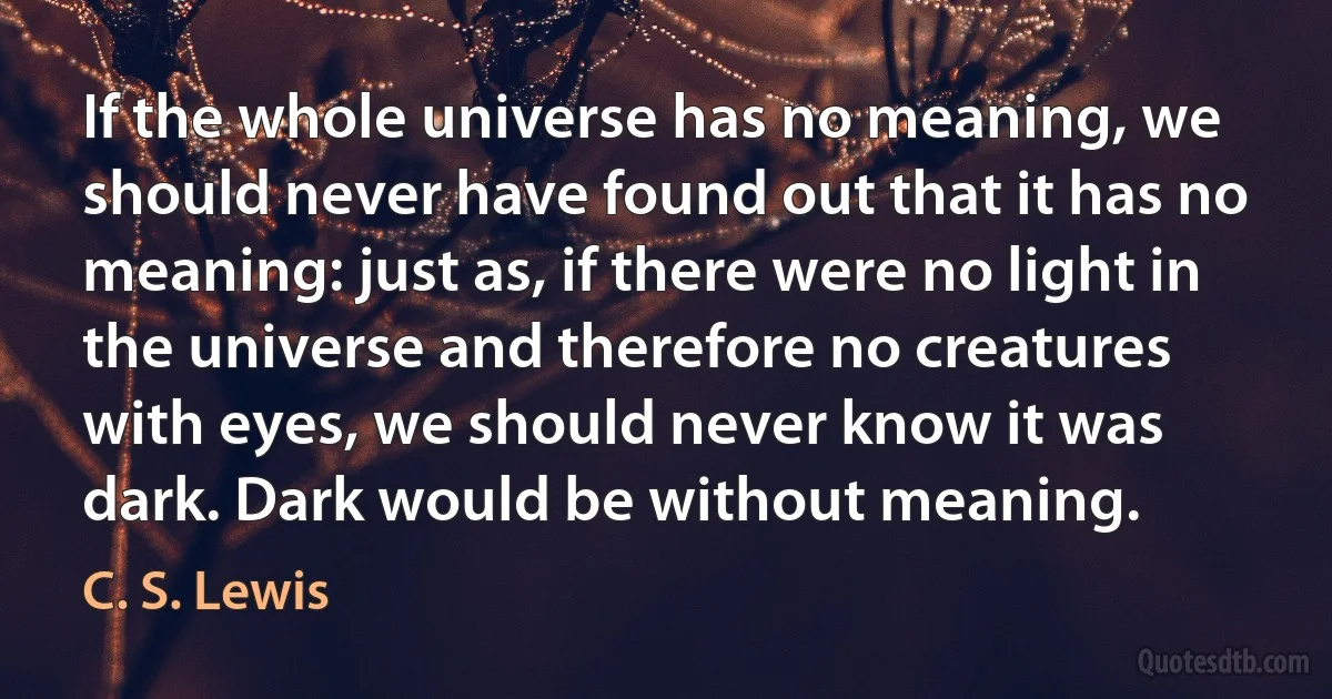 If the whole universe has no meaning, we should never have found out that it has no meaning: just as, if there were no light in the universe and therefore no creatures with eyes, we should never know it was dark. Dark would be without meaning. (C. S. Lewis)