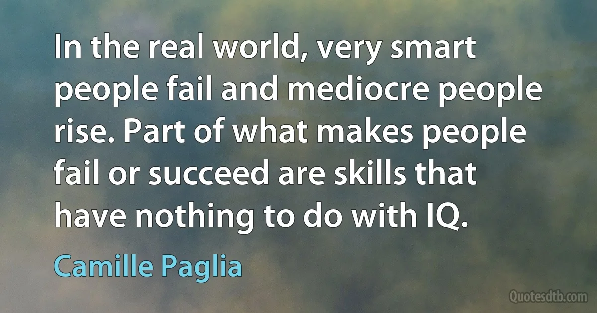 In the real world, very smart people fail and mediocre people rise. Part of what makes people fail or succeed are skills that have nothing to do with IQ. (Camille Paglia)