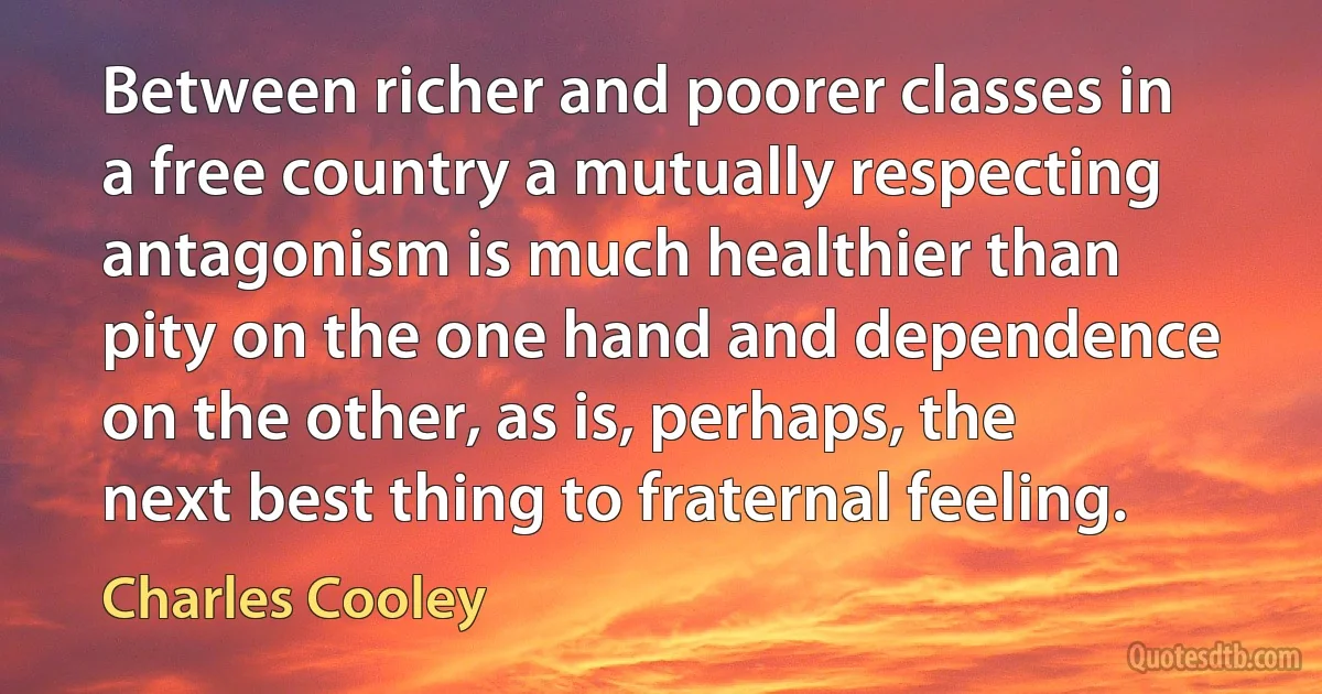 Between richer and poorer classes in a free country a mutually respecting antagonism is much healthier than pity on the one hand and dependence on the other, as is, perhaps, the next best thing to fraternal feeling. (Charles Cooley)