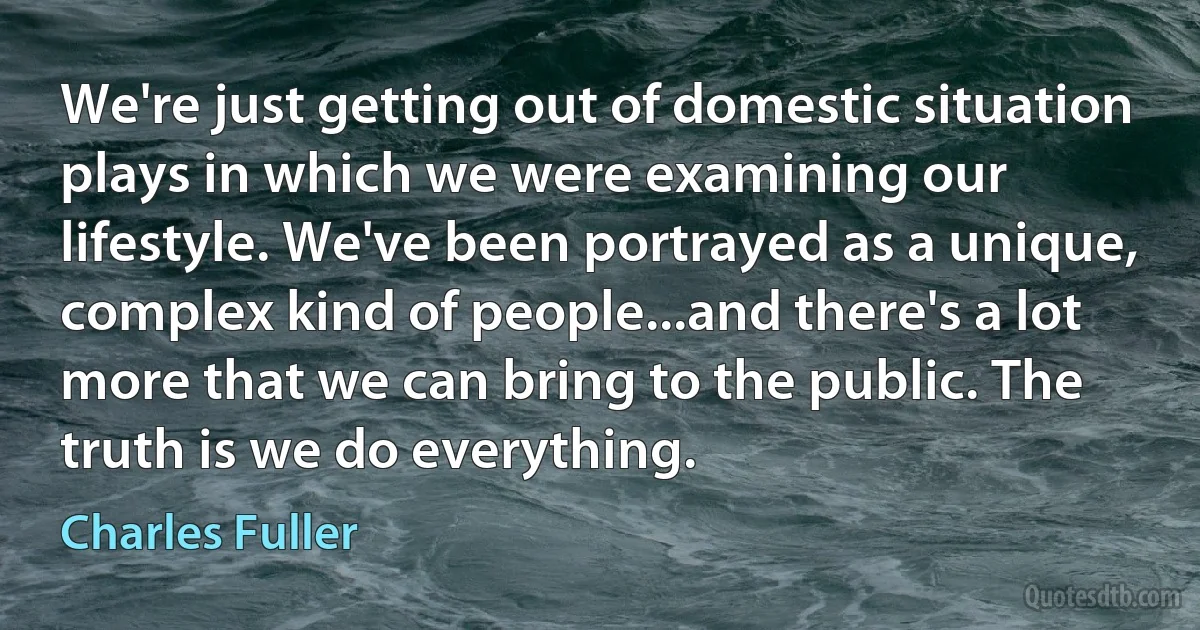 We're just getting out of domestic situation plays in which we were examining our lifestyle. We've been portrayed as a unique, complex kind of people...and there's a lot more that we can bring to the public. The truth is we do everything. (Charles Fuller)