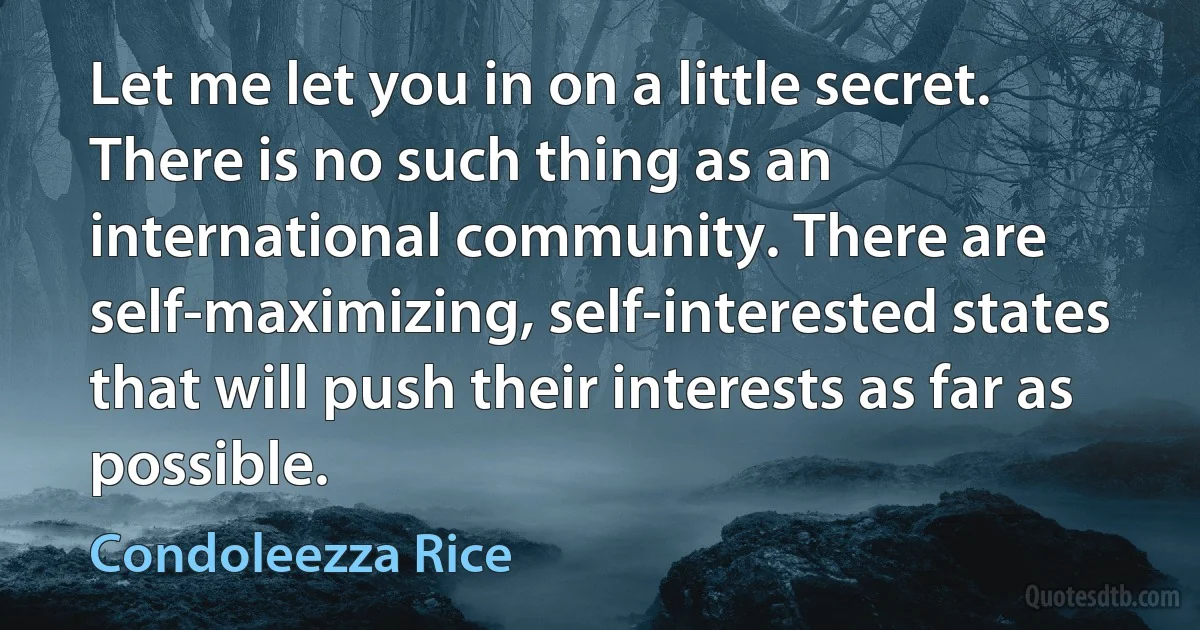 Let me let you in on a little secret. There is no such thing as an international community. There are self-maximizing, self-interested states that will push their interests as far as possible. (Condoleezza Rice)