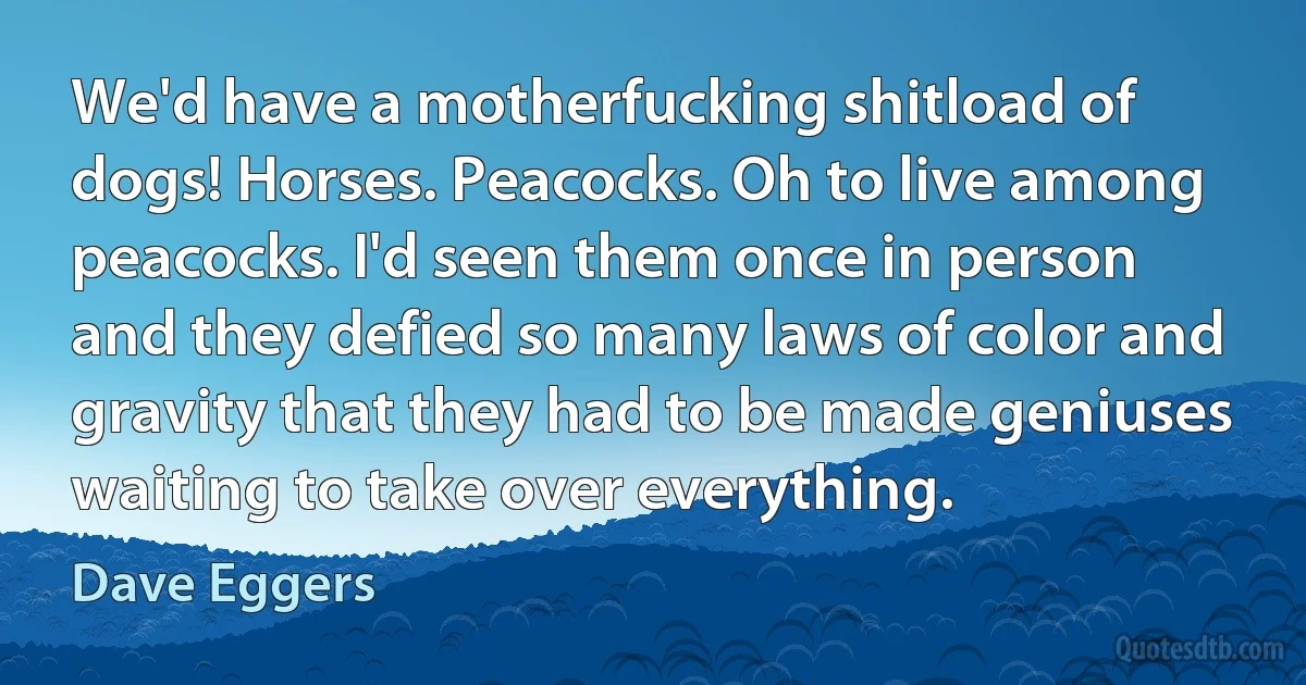 We'd have a motherfucking shitload of dogs! Horses. Peacocks. Oh to live among peacocks. I'd seen them once in person and they defied so many laws of color and gravity that they had to be made geniuses waiting to take over everything. (Dave Eggers)