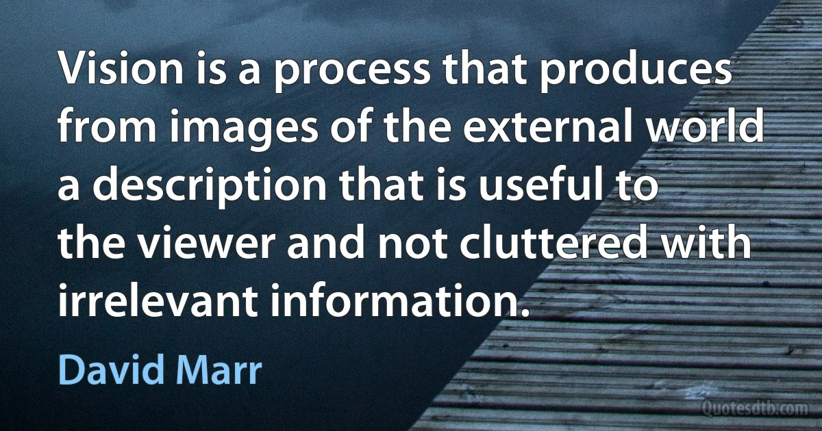 Vision is a process that produces from images of the external world a description that is useful to the viewer and not cluttered with irrelevant information. (David Marr)