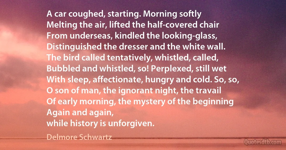 A car coughed, starting. Morning softly
Melting the air, lifted the half-covered chair
From underseas, kindled the looking-glass,
Distinguished the dresser and the white wall.
The bird called tentatively, whistled, called,
Bubbled and whistled, so! Perplexed, still wet
With sleep, affectionate, hungry and cold. So, so,
O son of man, the ignorant night, the travail
Of early morning, the mystery of the beginning
Again and again,
while history is unforgiven. (Delmore Schwartz)