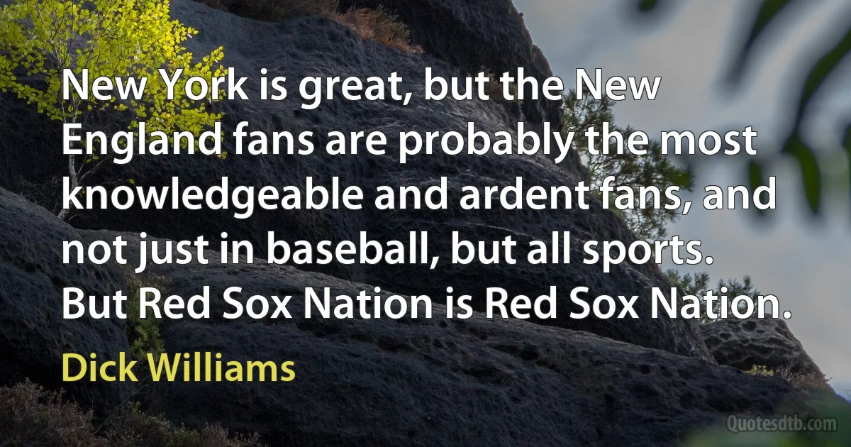 New York is great, but the New England fans are probably the most knowledgeable and ardent fans, and not just in baseball, but all sports. But Red Sox Nation is Red Sox Nation. (Dick Williams)