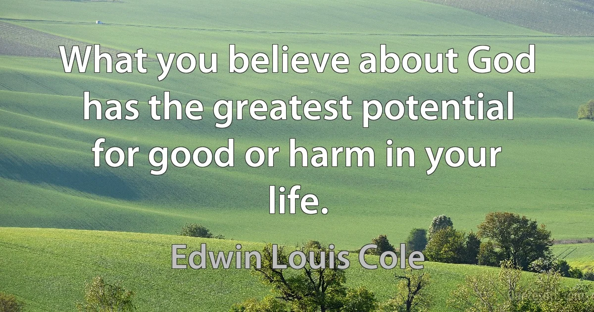 What you believe about God has the greatest potential for good or harm in your life. (Edwin Louis Cole)