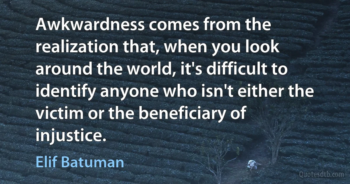 Awkwardness comes from the realization that, when you look around the world, it's difficult to identify anyone who isn't either the victim or the beneficiary of injustice. (Elif Batuman)